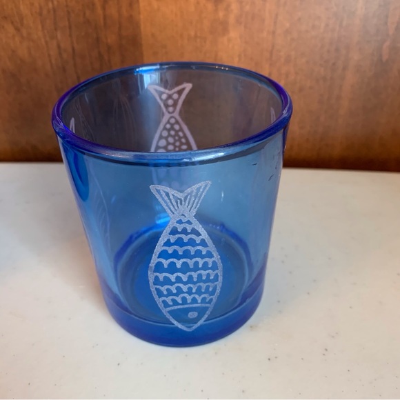 Lone Elm Studios Set of 3 Cobalt Blue Hurricane Lamps Votives Etched Fish - Picture 4 of 9